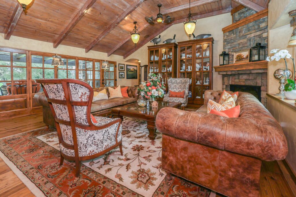 Briarwood Cottage living room with stone fireplace